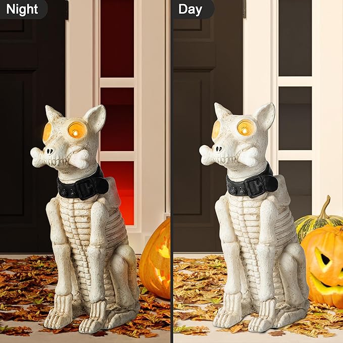 Glitzhome Halloween Porch Decorations, Lighted Halloween Front Porch Standing Sign Decor with Timer, MGO Skeleton Dog Sign for Indoor Patio Party, 20.5" H