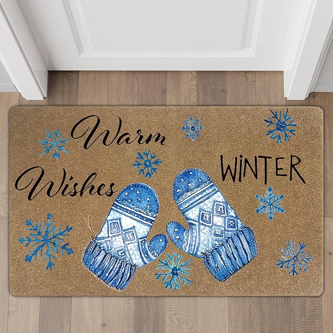 Winter Christmas Faux Coir Door Mats Outdoor, Winter Gloves Snowflake Door Mat for Home Outside Entryway, Warm Wishes Christmas Welcome Doormat for Indoor Outdoor Porch Entrance, 17x30 Inch