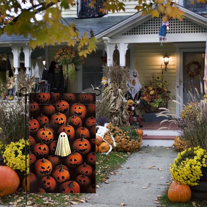Halloween Garden Flag 12 x 18 Inch Double Sided Ghost Pumpkin Designs Fall Autumn Burlap Yard Flag for Outside Rustic Yard Outdoor Holiday Home Decoration