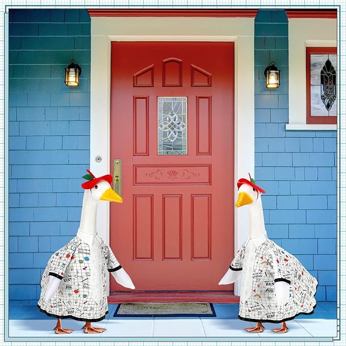 AZYM Back to School Porch Goose Outfits,2 Pcs/Set Yard Goose Statue Clothes for 23" Statue Patio Lawn Garden Decoration(Plaid)