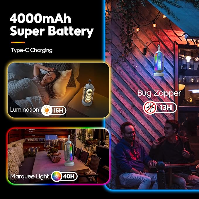 Bug Zapper with Marquee Light, Mosquito Zapper Indoor Outdoor, 4000mAh, Smart Auto On/Off Rechargeable Fly Zapper, Portable Waterproof Insect Killer for Home, Kitchen, Patio, Camping, Party - 2 Packs