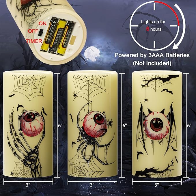 Eldnacele Halloween Flameless Flickering Candles with Timer, Battery Operated Spider Eyeballs, Bat Eyeballs, Skeleton Hand Eyeballs Decals Real Wax LED Pillar Candles Horror Spooky Decor(3pcs,D3×H6)