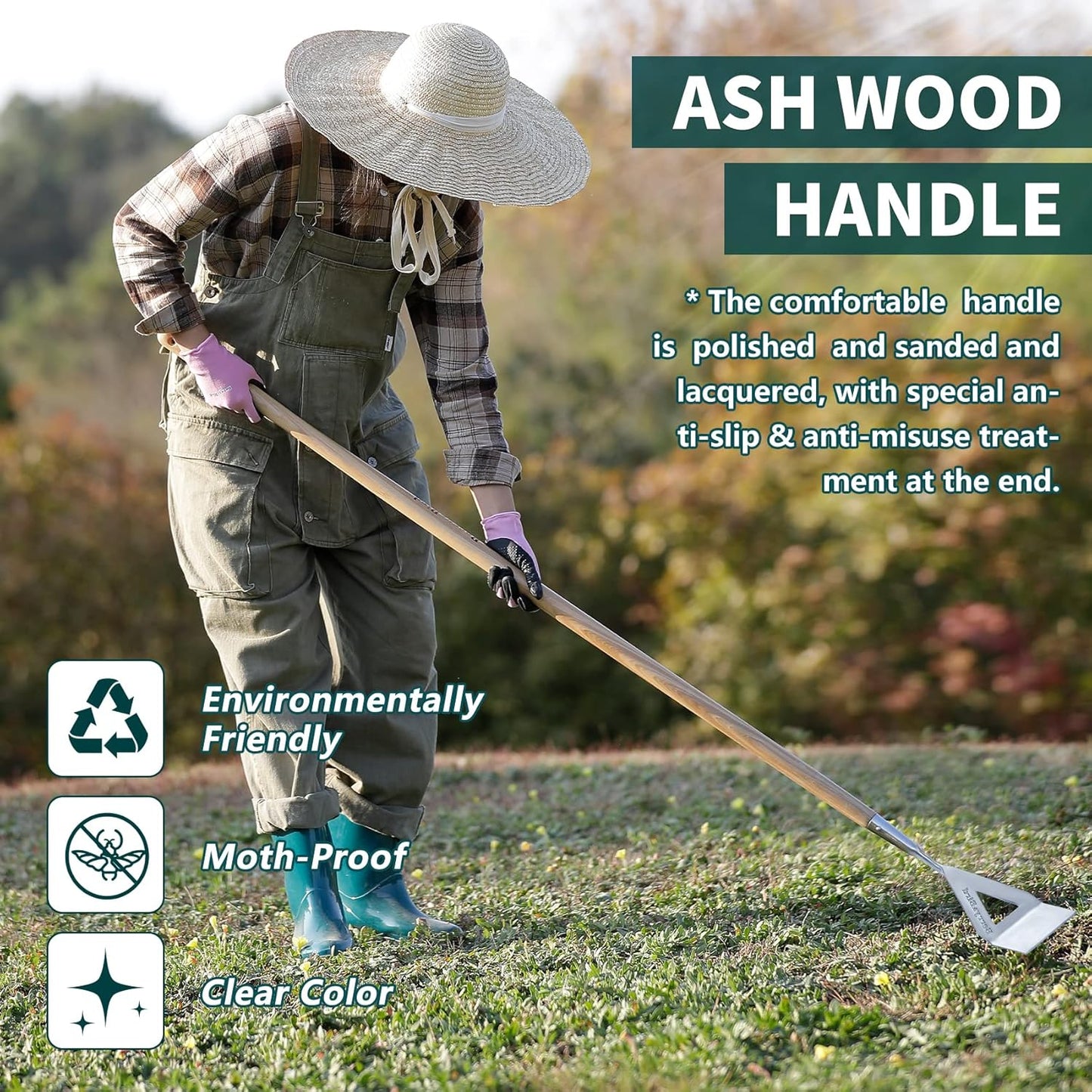 Berry&Bird Dutch Hoe for Weeding，63'' Stainless Steel Garden Weed Hoe with Long Wooden Handle,Heavy Duty Scuffle Hoe Manual Weeder Tool for Gardening Moss Removal Cutting Grass Soil Loosening & Edging