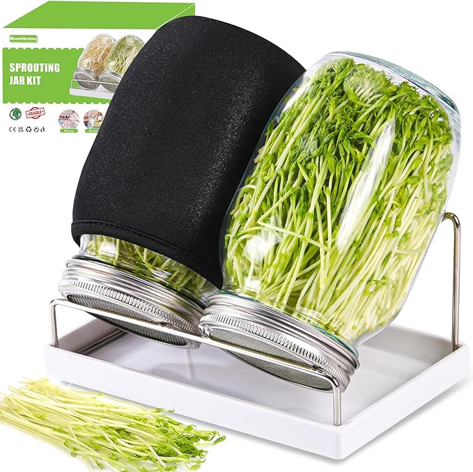 Premium Sprouting Jar Kit 2Pcs Large Wide Mouth Mason Jars With Screen Sprout Lid,Sprouting Jar Stand,Tray,Blackout Sleeves,-Seed Sprouting Kit For Growing Mung beans,Broccoli