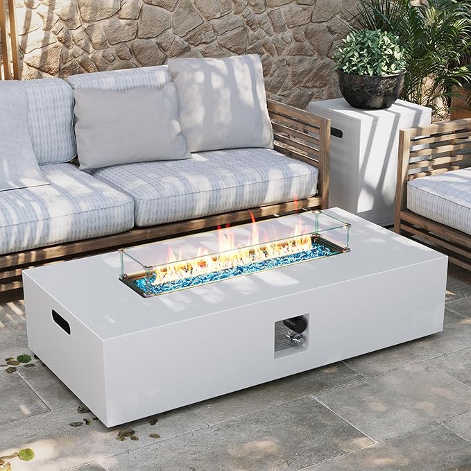 UPHA 56-inch Outdoor Propane Gas Fire Pit Table 50000 BTU Iron Rectangle Firepit for Outside Patio with Tank Hidden Table, Wind Guard, Removable Lid, Blue Glass Rocks, Rain Cover, White