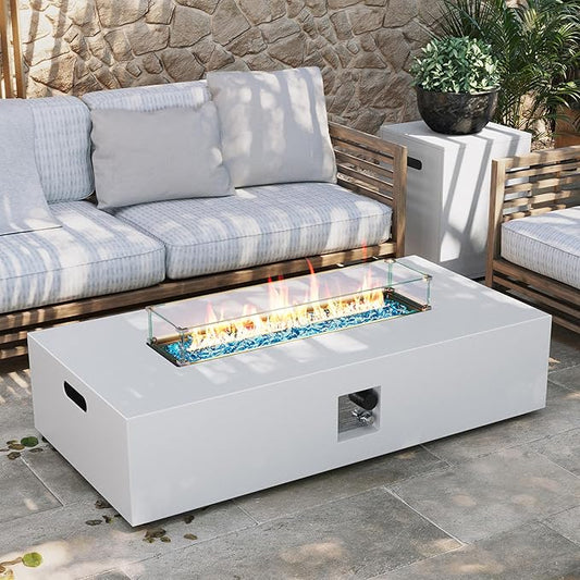 UPHA 56-inch Outdoor Propane Gas Fire Pit Table 50000 BTU Iron Rectangle Firepit for Outside Patio with Tank Hidden Table, Wind Guard, Removable Lid, Blue Glass Rocks, Rain Cover, White