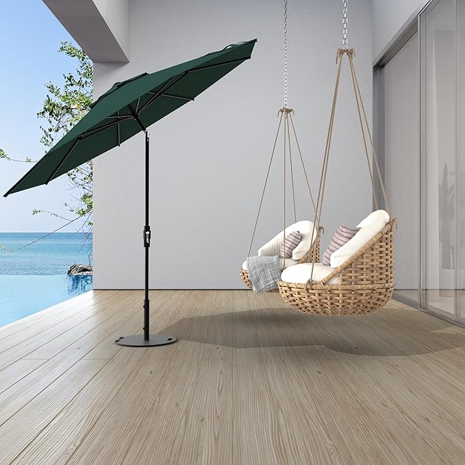 Midtown Umbrellas The Swilt 9 Feet Patio Umbrella in Terylast Forest (Dark Green) Polyester Fabric - Fiberglass Ribs, Auto-Tilt Aluminum Frame For Backyard, Deck, Garden, Pool - White Pole