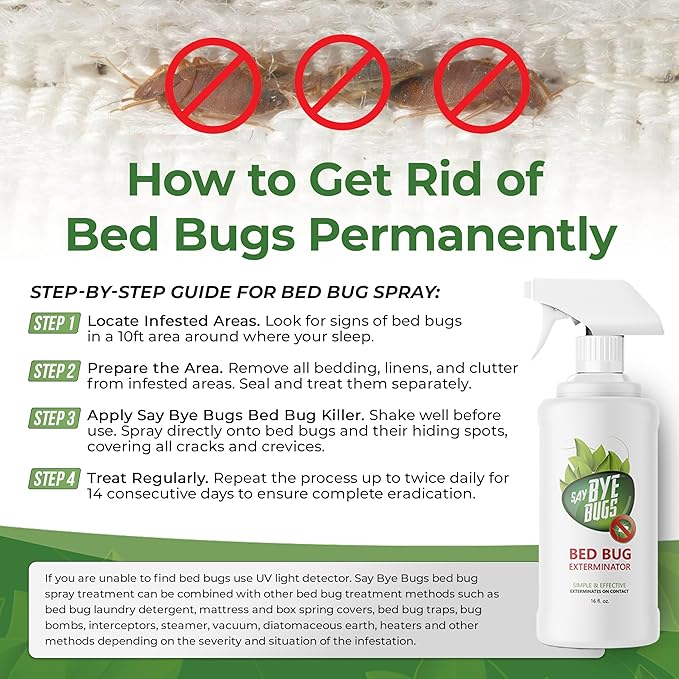 Bed Bug Spray for Getting Rid of Bed Bugs Permanently. Say Bye Bugs - a Non-Toxic, Kill on Contact Bed Bug Treatment That Doesn't Stain & is Odor Free. Simply Shake & Spray (6X 16oz).