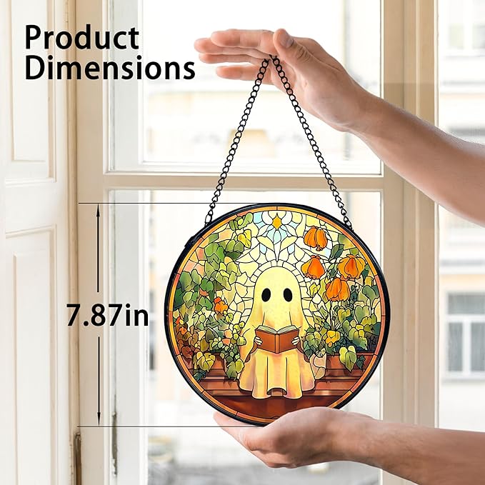 TNUW Halloween Ghost Reading Book Stained Glass Window Hanging, Ghost Bookish Flower Sun Catchers Indoor Window Glass Round Wall Art Decor, Book Lovers Gifts Wall Hanging Decorations, 7.9＂x7.9＂