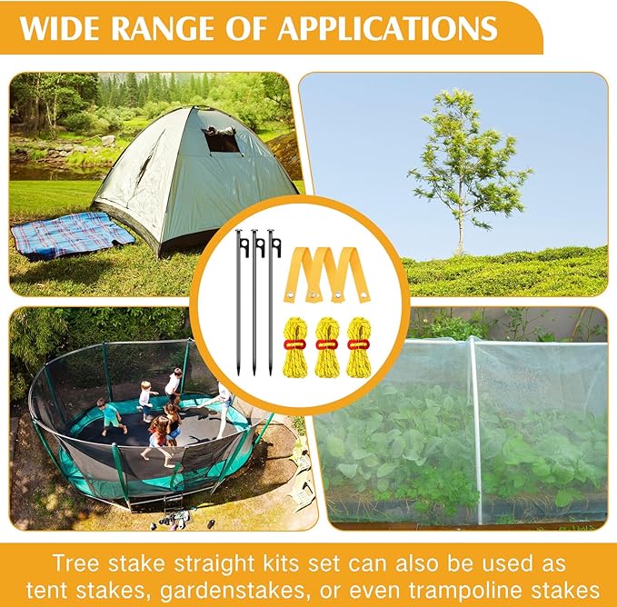 Sintuff 36 Pcs Heavy Duty Tree Stake Kits Stake and Support for Young Leaning Tree Anchor Straightening Kit, 15.8'' Support Straps, 11.8'' Steel Stakes, 13.12ft Rope(Yellow)