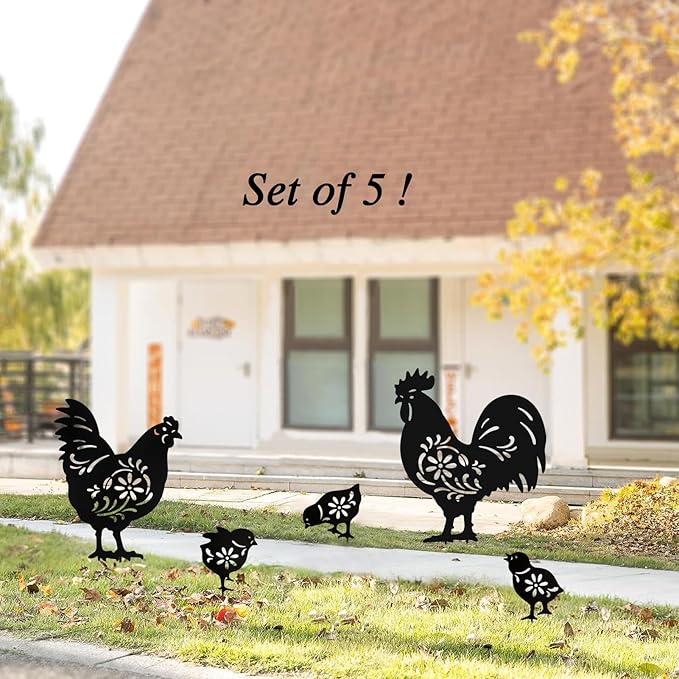 Metal Chicken Garden Decor Outdoor,5 Pack Rooster,Hen,Chicks Yard Art,Garden Statues for Outside (Chicken Black)