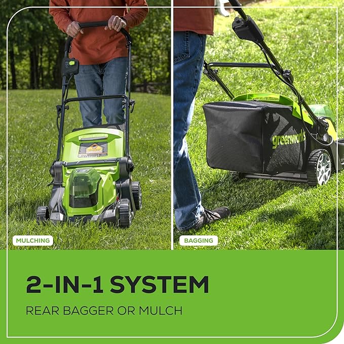 Greenworks 48V (2x24V) 17" Brushless Mower+12" String Trimmer +320CFM Blower,(2) 4.0Ah Batteries and 2A Dual Port Charger