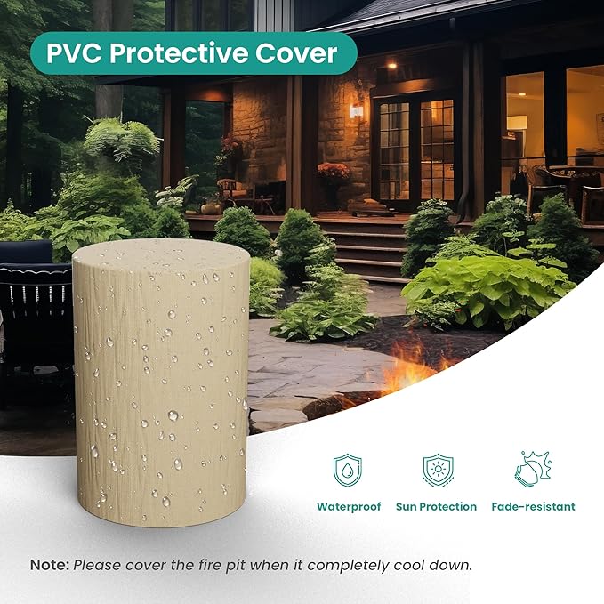 SUNBURY Outdoor Propane Fire Pit, Stone Like Fire Pit Table with Glass Wind Guard, Waterproof Cover, 40000BTUS Small Column Firepit Garden Lighting, CSA Certified (Creamy White)