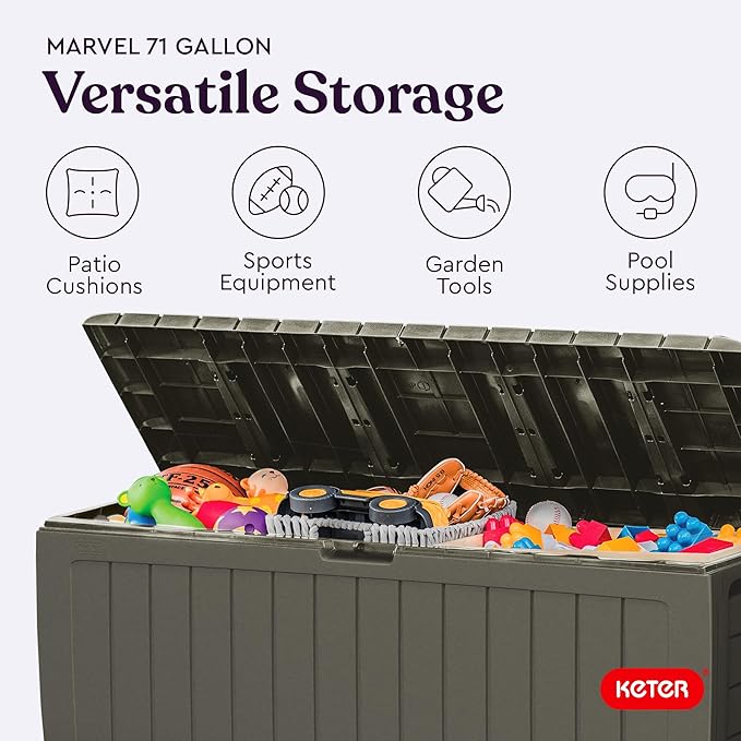 Keter Marvel Plus 71 Gallon Resin Deck Box-Organization and Storage for Patio Furniture Outdoor Cushions, Throw Pillows, Garden Tools and Pool Floats, Mossy Brown