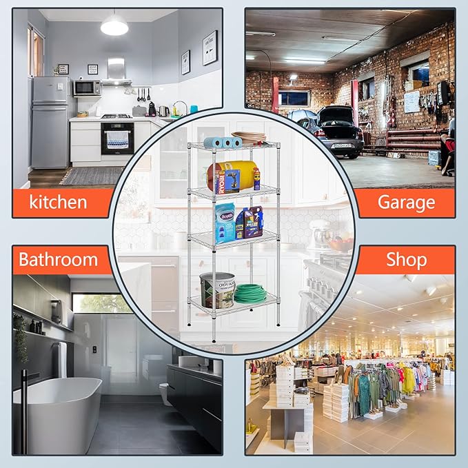 FDW 18L x 12W x 44H Wire Shelves with 4 PP Sheets Metal Shelf Storage Shelves 4 Tier Layer Storage Shelves for Laundry Bathroom Kitchen Garage,Chrome