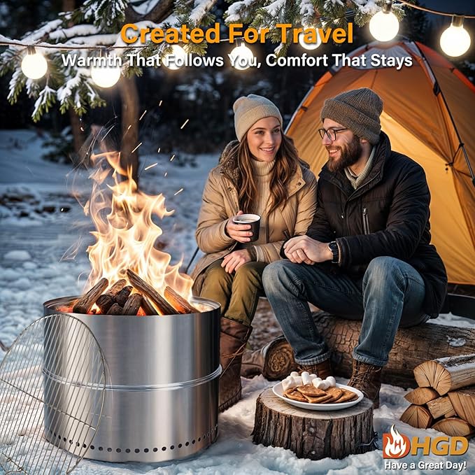HGD 19.8 Inch Smokeless Firepit with Grill, Portable Wood Burning Fire Pit for Camping & Backyard, Stainless Steel Outdoor Fireplace with Travel Bag, Easy Setup & Compact Storage - Foldable Design