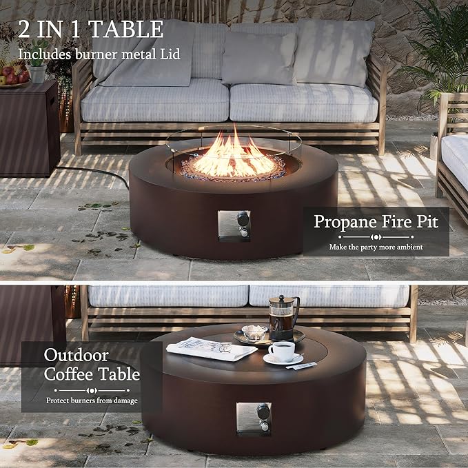 UPHA 42-inch Outdoor Propane Gas Fire Pit Table 50000 BTU Iron Round Firepit for Outside Patio with Tank Hidden Table, Wind Guard, Removable Lid, Blue Glass Rocks, Rain Cover, Brown