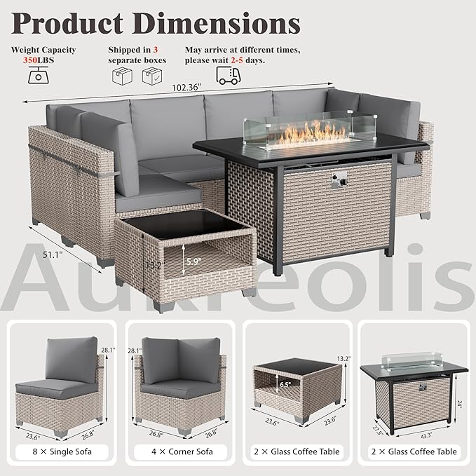 8 Pieces Patio Furniture Set with Fire Pit Table, Outdoor Sectional Wicker Sofa with Thick Cushions and Storage Coffee Table, Rattan Patio Conversation Sets, Grey