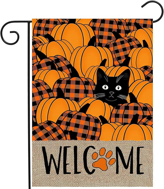 Black Cat Fall Garden Flag Pumpkin Autumn Yard Sign Thanksgiving Outdoor Decorations Porch Farmhouse Halloween Funny Banner for Outside 12x18 Double Sided Small