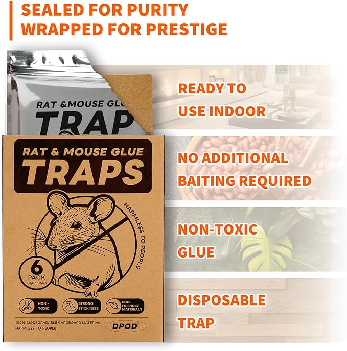 Glue Mouse Traps Indoor for Home 6 Pack, Large Sticky Mouse Traps for Inside House, Pre-Baited Adhesive Non-Toxic Glue Traps for Mice Rats, Snakes, Lizard, Insect(13.5" x 8.5")