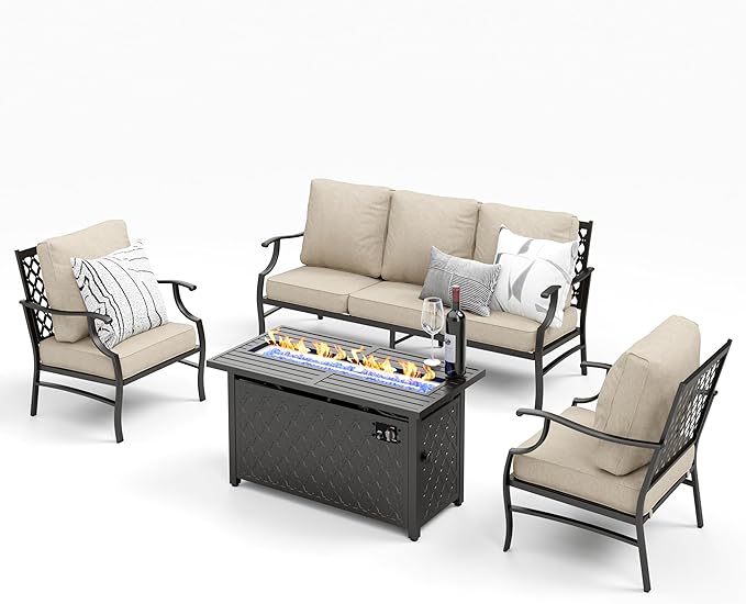 Patio Furniture Set with Firepit Table, 4 Pcs Metal Outdoor Conversation Set, 2 Single Chairs and 3 Seater Sofa with 5.75" Extra Thick Cushion and Gas Fire Pit Table for Backyard Deck, Beige