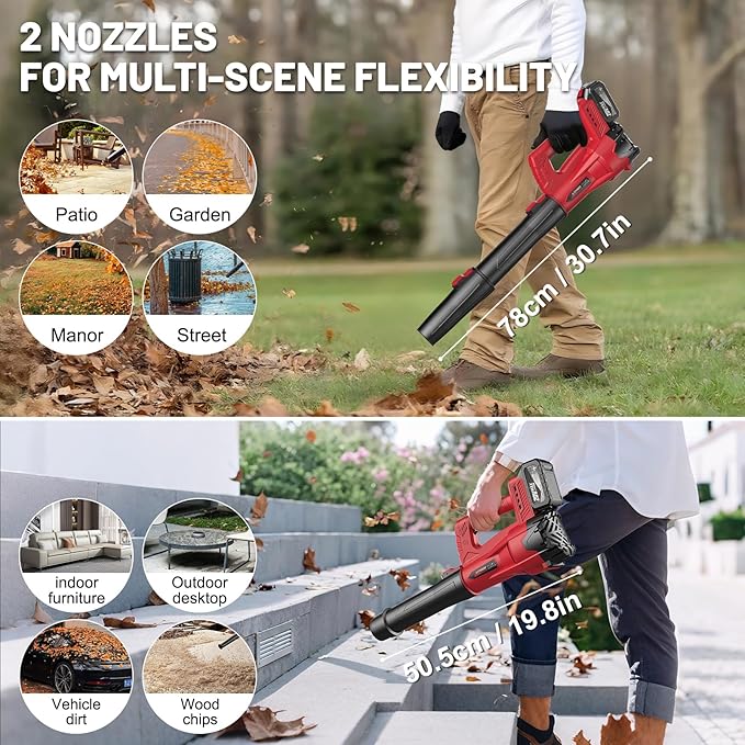 Leaf Blower Cordless with 2 x 4.0Ah Battery and Charger, 160MPH/580CFM High Power Lightweight Handheld Electric Leaf Blowers with 2 Extended Tubes for Lawn,Yard Garden, Leaves, Dust, Snow Care (Red)