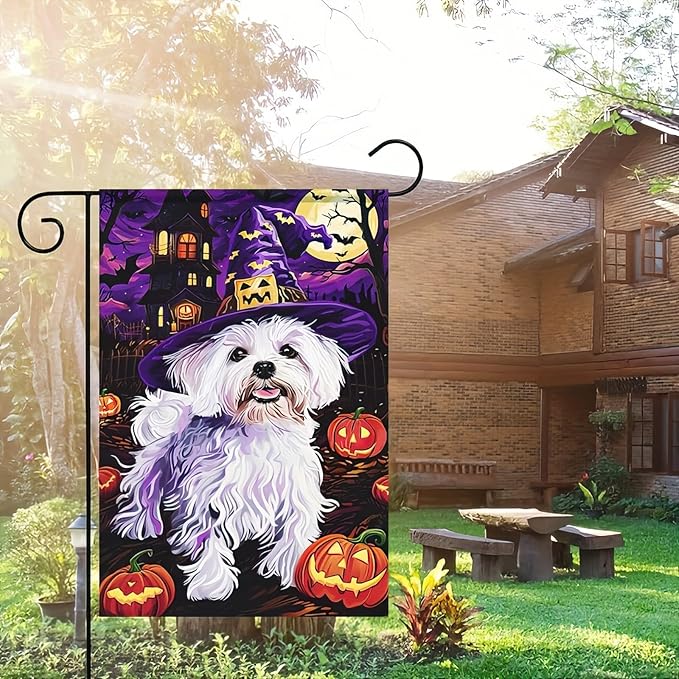Halloween Decorations Outdoor Garden Flag 12x18 Inch Double Sided Maltese Dog Witch Hat Pumpkin Fall Decor Yard Lawn Porch Patio Halloween Garden Flags