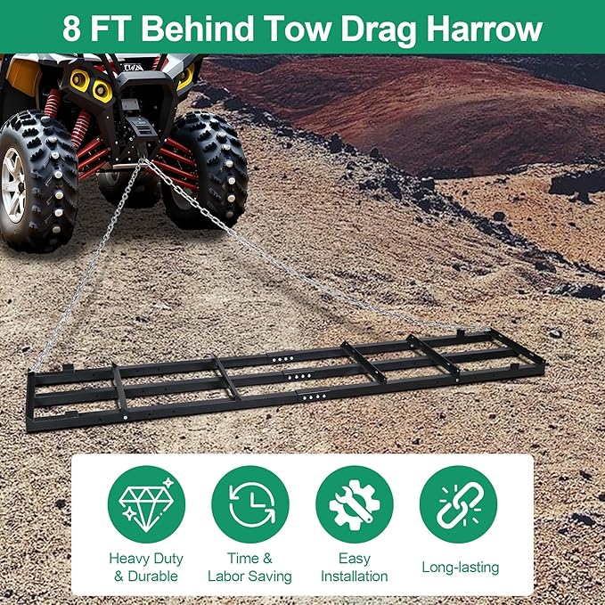 8 FT Drag Harrow Driveway Grader, Heavy Duty Power Rake w/ 6 FT Chain, Tow Behind Lawn Rake for ATV, UTV, Tractor, Mower, Land Leveler for Gravel, Sand, Soil, Hay