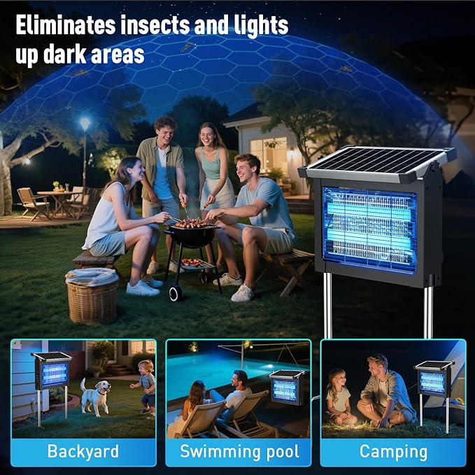 Solar Bug Zapper, 4500V IP66 Waterproof Outdoor Portable Rechargeable Electric Mosquito Killer for Camping, Patio, Garden Mosquito Zapper for Outdoor Use