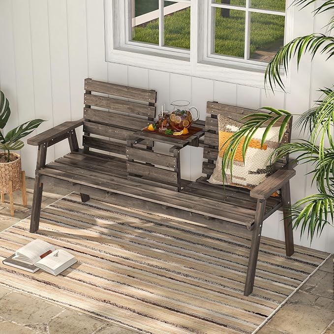 Tangkula Outdoor Fir Wood Bench with Foldable Middle Table, 2-3 Person Garden Bench with Backrest and Armrests, 710 lbs Weight Capacity, Slatted Seat Bench for Porch, Patio, Backyard
