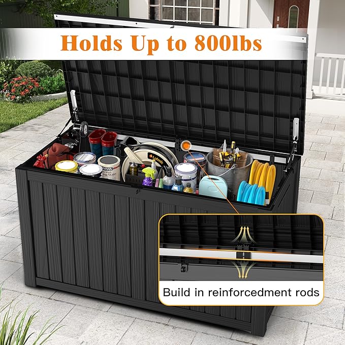 180 Gallon Outdoor Storage Box, Waterproof Deck Box with Handles and Lockable Lid, Resin Patio Storage Box with Hydraulic Rods for Garden Tools, Cushions, Black