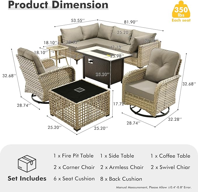 HOOOWOOO Outdoor Patio Furniture Set with Fire Pit Table,9 Pieces Wicker Out Door Sectional Furniture L Shaped Couch,Outside Patio Conversation Sets Swivel Chair,Charcoal Gray