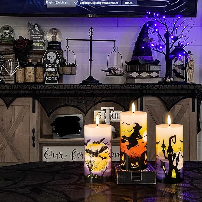 DRomance Halloween Flameless LED Candles Battery Operated with Remote and Timer, Real Wax Flickering Pillar Candles 3D Wick Dimmable Light Castle Witch Bats Halloween Decor(3 Pack, 3 x 6 Inches)