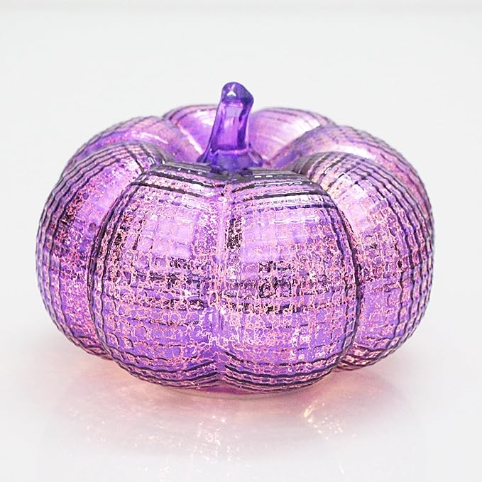 Mercury Glass Pumpkin Lights with Timer, Battery Operated Led Pumpkin Lights for Halloween Fall,Thanksgiving Rustic Decor (Purple Grid-Patterned, 5.5")