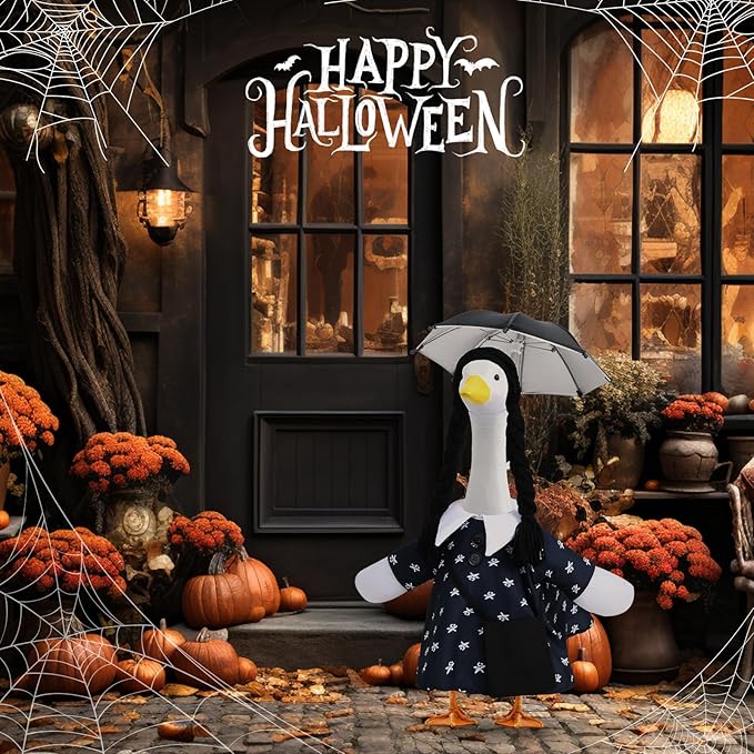 Halloween Porch Goose Outfits, Halloween Addams Black Dress Goose Outfits for 23” Porch Goose Statue, Outdoor Decoration for Porch Yard and Patio