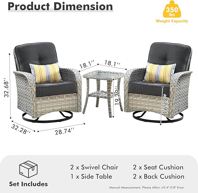 HOOOWOOO Outdoor Patio Bistro Set,3 Pieces Wicker Out Door Swivel Rocking Chair with Matching Side Table,Patio Furniture Sets,Black
