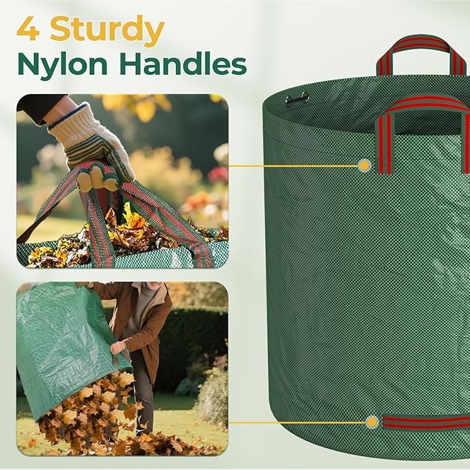 EsLuker.ly 6 Pack Garden Lawn Leaf Waste Bags, 71 Gallons Reusable Yard Litter Bag with 2 Pairs Gardening Gloves, Heavy Duty Trash Containers with Handles for Outdoor Cleanup, Ideal for Homeowners