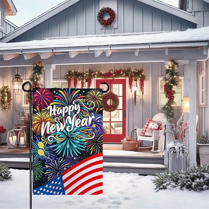 Happy New Year Garden Flag New Year Eve Yard Flags Double Sided American Flag Fireworks House Banner Balloon Holiday Celebration Party Garden Flags for Winter Festival Greetting 12x18 Inch