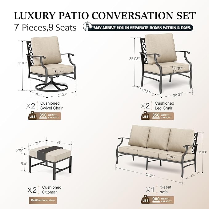 HERA'S HOUSE 7 Piece Patio Furniture Set, 2 x Swivel Chair, 2 x Fixed Chair, 2 x Ottoman, 1 x 3-Seat Sofa, All Cushioned Outdoor Conversation Set for Lawn Garden Backyard