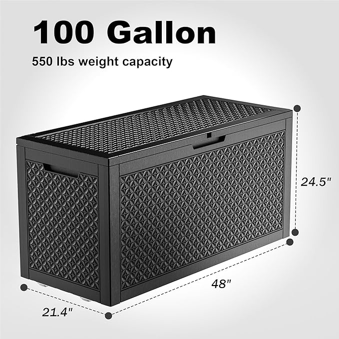 100 Gallon Resin Deck Box, Lockable Outdoor Storage Box for Patio Cushions Storage Furniture,Garden Tools, Pool Supplies, Weatherproof and UV Resistant（Black L）