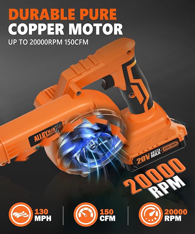 Alloyman Leaf Blower, 20V Cordless Leaf Blower, Leaf Blower Cordless with 2.0Ah Battery and Charger, Electric Leaf Blower for Yard Cleaning/Snow Blowing.