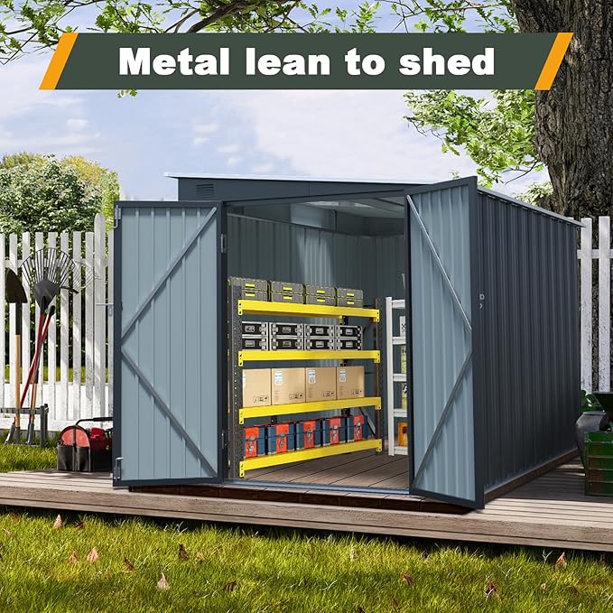 6x8 FT Lean to Shed with Lockable Double Doors, Metal Outdoor Storage Shed with Free PC Light Board for Tools, Outside Storage Shed Waterproof for Backyard, Garden, Patio