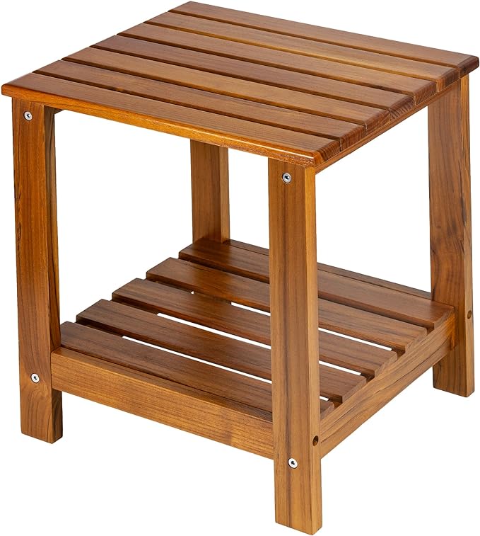 Utoplike Teak Side Table Outdoor, Patio End Table Double Layer, Wooden Coffee Accent Tables for Backyard, Garden, Bed, Living Room, Couch, Two-Tier