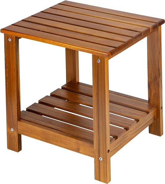 Utoplike Teak Side Table Outdoor, Patio End Table Double Layer, Wooden Coffee Accent Tables for Backyard, Garden, Bed, Living Room, Couch, Two-Tier
