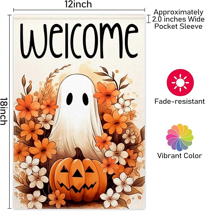 ChloropLastid Halloween Ghost Garden Flag 12x18 Inch Spooky Pumpkin Fall Welcome Holiday Outside Decorations Burlap Yard Flag Double Sided