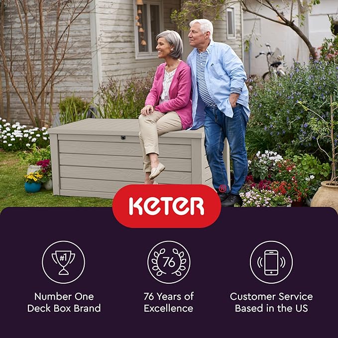 Keter Westwood 150 Gallon Resin Large Outdoor Storage Box for Patio Furniture, Outdoor Cushions, Garden Tools and Pool Floats, Beige