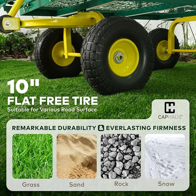 CAPHAUS Metal Black Garden Cart, w/ 180° Adjustable Yellow Handle, w/Mat and Strap, Heavy Duty 880 lbs Capacity, w/ 10” Flat-Free Tires, Sides Removable, Utility Wagon, Lawn Cart, for Garden, Yard