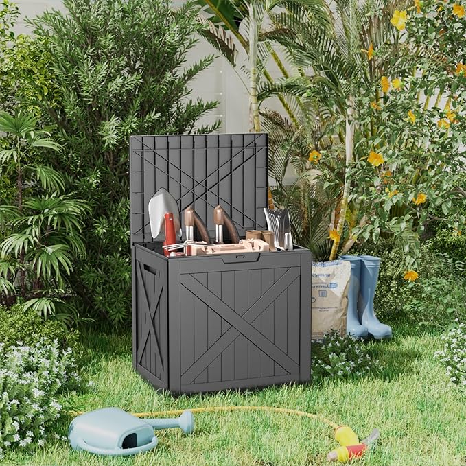 ROJIK 35 Gallon Outdoor Storage Housing Deck Box,Waterproof Patio Furniture, Garden Tools, Cushions, Pool Accessories Storage Bench with Lockable Lid and Side Handles(Black)