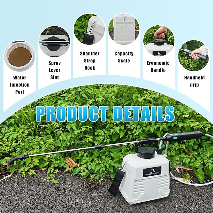 Battery Powered Sprayer 1.35 Gallon, Electric Garden Sprayer with 3 Mist Nozzles,Retractable Wand, Adjustable Strap for Lawn, Garden, Yard (White)