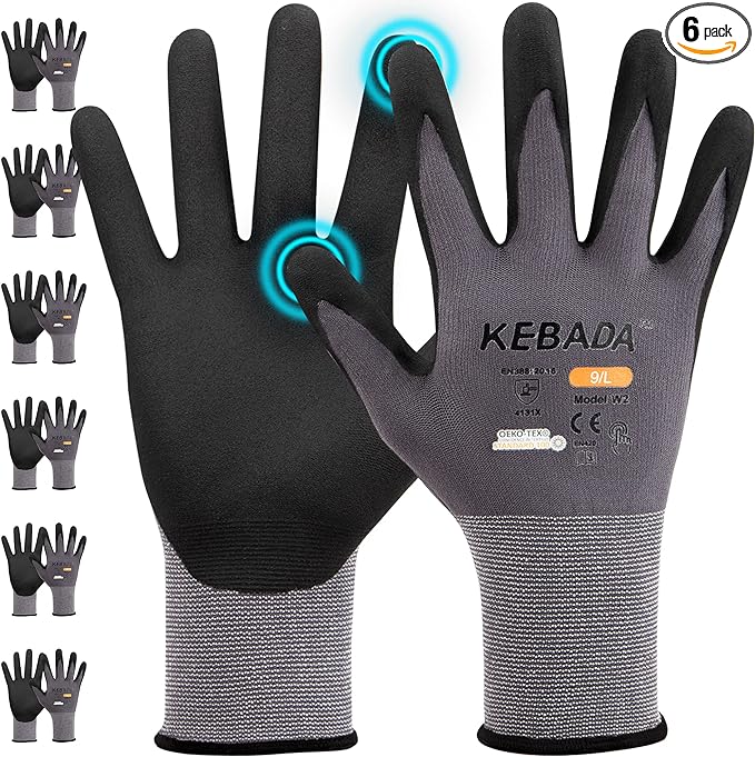 Kebada W2 Work Gloves for Men and Women, Nitrile Coated Working Gloves for Gardening, Construction, Warehouse, Safety Gloves for Work in Yard and Outdoors, 6 Pairs, XXL